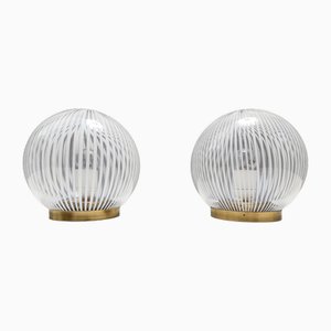 Vintage Spheric Murano Glass and Brass Table Lamps attributed to Venini, Italy, 1970s, Set of 2