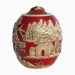 Pot à Couvercle Vintage en Pierre ollaire Rouge Sculpté à la Main, Vietnam