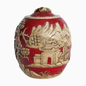 Vintage Vietnamese Red Hand Carved Soapstone Lidded Jar