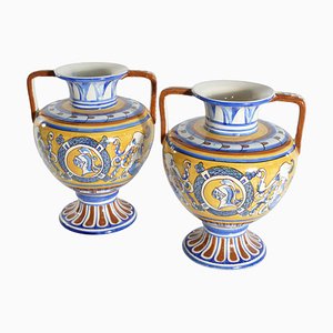Large Vintage Mediterranean Polychromatic Ceramic Maiolica Vases or Centrepieces, Set of 2