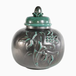 Grand Pot Art Déco à Couvercle Vert par Anna-Lisa Thomson pour Upsala-Ekeby, 1930s