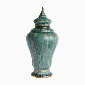 Vase Art Déco à Couvercle Verni Lustré Vert par Josef Ekberg pour Gustavsberg, 1920s