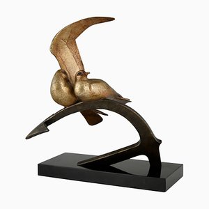 André Vincent Becquerel, Art Deco Skulptur von Zwei Vögeln auf einem Anker, 1930, Bronze & Marmor