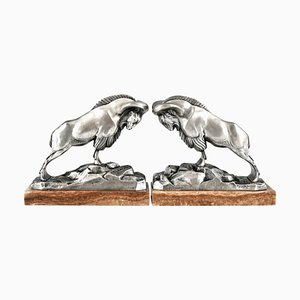 Art Deco Silvered Bronze Ibex Bookends by C. Charles., 1925, Set of 2