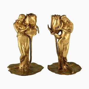 Candelabros modernistas de bronce dorado de Alexandre Clerget, década de 1900. Juego de 2