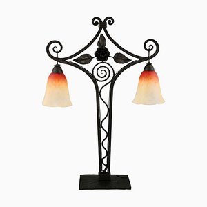 Art Deco Double Light Table Lamp on Wrought Iron Base with Rose, 1925