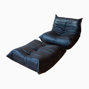 Black Leather Togo Lounge Chair and Pouf by Michel Ducaroy for Ligne Roset, Set of 2