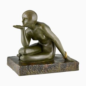 Maurice Guiraud Rivière, Art Deco Enigma Sculpture of Seated Nude, Bronze