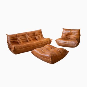 Pine Leather Togo Lounge Chair, Pouf and 3-Seat Sofa by Michel Ducaroy for Ligne Roset, Set of 3