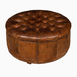 20th Century English Large Round Brown Leather Button-Back Footstool, 1960s
