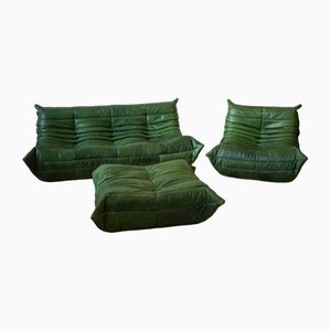 Dubai Green Leather Togo Lounge Chair, Pouf and 3-Seat Sofa by Michel Ducaroy for Ligne Roset, Set of 3