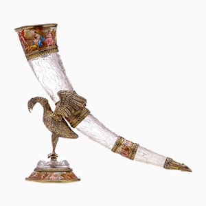 19th Century Austrian Silver Gilt, Enamel & Rock Crystal Drinking Horn, 1880s