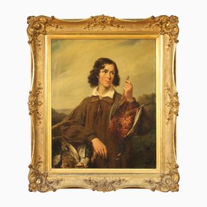 Retrato de un joven caballero con juego, siglo XIX, óleo sobre lienzo, enmarcado