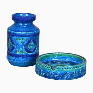 Blue Rimini Collection Vase with Ashtray by Aldo Londia for Bitossi, Italy, 1960s, Set of 2