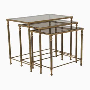 20th Century French Brass Nesting Tables with Glass Tops, Set of 3
