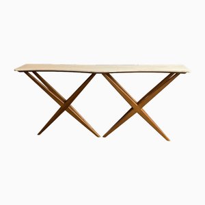 Mesa consola Wave italiana Mid-Century moderna de madera y mármol, años 80
