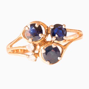 Vintage 14k Yellow Gold Ring with Sapphires and Brilliant Cut Diamonds, 1970s