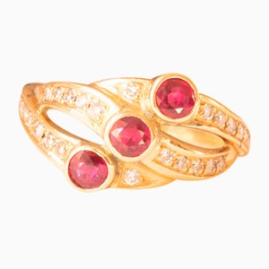 14k Yellow Gold Triple Ring with Synthetic Rubies and Brilliant Cut Diamonds, 1980s
