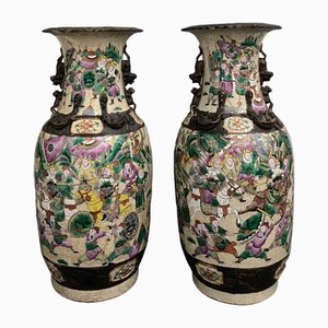 Large 19th Century Nanking Vases with Fighting Dragon, Set of 2