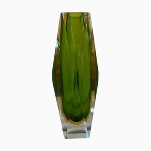 Mid-Century Modern Green and Yellow Faceted Sommerso Murano Glass Vase from Seguso, 1960s