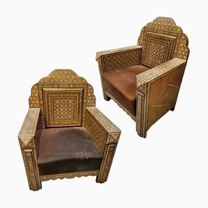 Early 20th Century Syrian Harwood and Marquetry Inlaid Armchair, Set of 2