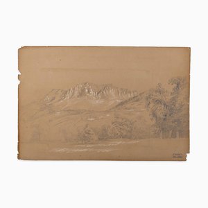Marie Hector Yvert, paisaje alpino, dibujo original a lápiz y tiza, siglo XIX