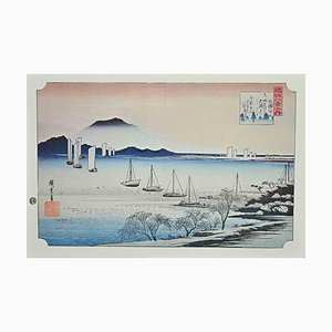 After Utagawa Hiroshige, Boats in Sunrise, Eight Scenic Spots in Oomi, XXe siècle, Lithographie