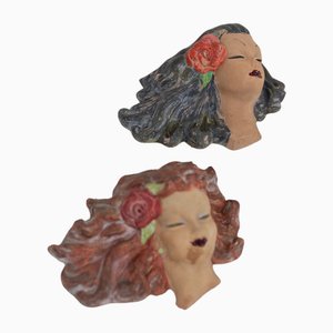 Art Deco Hand-Painted Female Ceramic Wall Figurines, 1960s, Set of 2