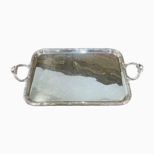 Rectangular Tray with Louis XVI Style Handles in Silver Metal, 1950s