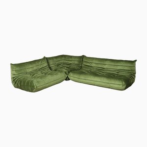 Togo Modular Sofa in Olive Green Velvet by Michel Ducaroy for Ligne Roset, 1970s, Set of 3