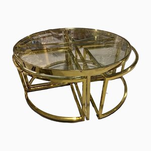 Mesa de centro vintage de metal dorado y vidrio con mesas nido. Juego de 5