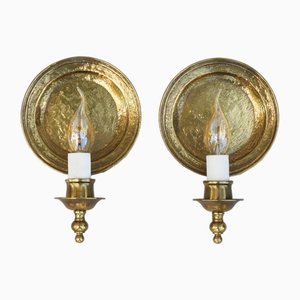 French Round Brass Wall Sconces, 1970s, Set of 2