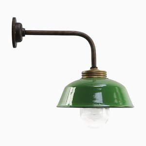 Vintage Industrial Green Enamel, Brass and Clear Striped Glass Wall Light