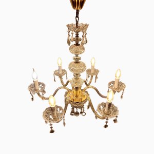 Lámpara de araña italiana de oro y cristal con 6 brazos