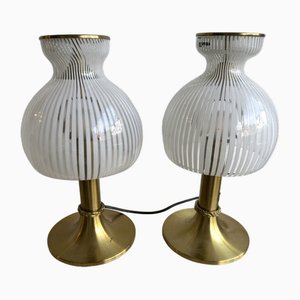Lampade da tavolo a forma di fungo in ottone e vetro di Murano di Angelo Brotto per Esperia, Italia, anni '70, set di 2