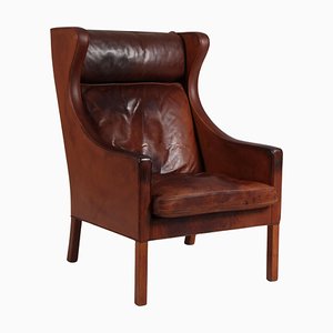Wingback Chair in Patinated Nature Leather attributed to Børge Mogensen for Fredericia, 1960s