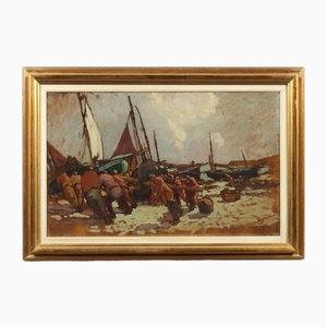 French Artist, Boats with Fishermen, Oil on Board