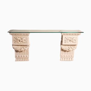 Louis Xvi Style White Plaster Friezes Console Table with Glass Top, 1930s