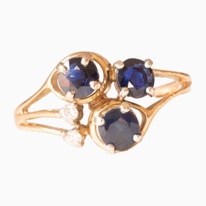 Vintage 14k Yellow Gold Ring with Sapphires and Brilliant-Cut Diamonds, 1970s