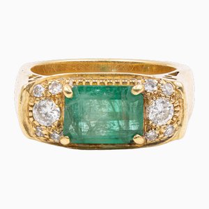 Vintage 18k Gold Ring with Emerald and Diamonds, 1950s