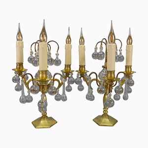 Lámparas de mesa Girandoles francesas de latón y cristal de principios del siglo XX. Juego de 2