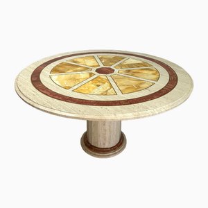 Round Travertine Dining Table with Yellow Marble and Brass Inlay