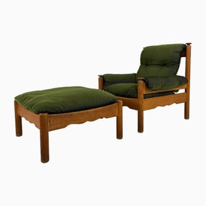 Vintage Oak Brutalist Armchair with Poof in Original Green Ribbled Fabric, Set of 2