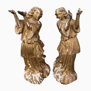 8th Century Angels in Carved Wood, Gilding and Draped, Set of 2