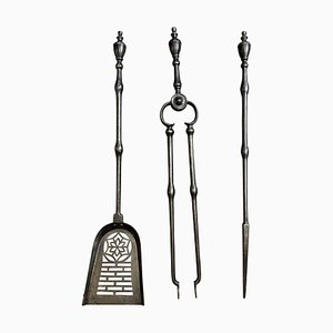 Herramientas de fuego inglesas antiguas de acero bruñido, 1840. Juego de 3