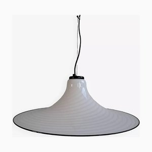 Large Vintage Murano White Swirl Ceiling Light Clear Rim in Murano Glass, 1960s
