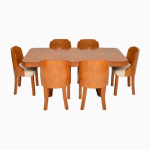 Art Deco Burr Walnut Dining Table and Chairs attributed to Harry and Lou Epstein, 1930s, Set of 7
