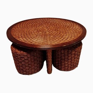 Coffee Table with Stools in Woven Rope, 1960s, Set of 5