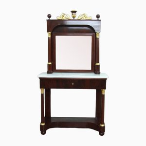Empire French Mahogany Console Table with Marble Top and Mirror with Gilt Carved Wood and Vase on Top