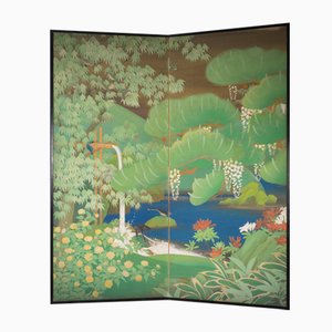 Paravento Taisho a due pannelli con fontana in bambù, uccelli e fiori, Giappone, fine XIX secolo